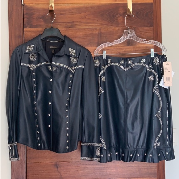 Escada navy leather & rhinestone skirt & jacket - Picture 1 of 8